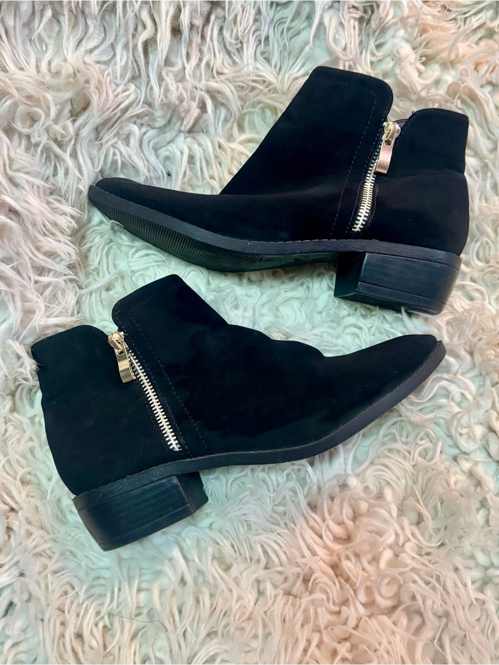 Classic Black Suede Ankle Booties with Gold Zip